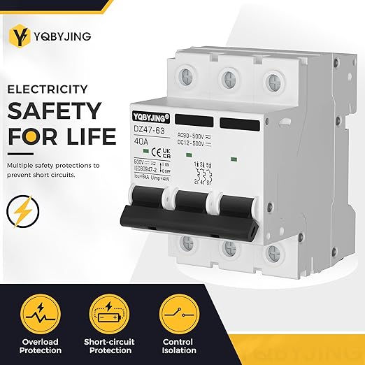 DC Circuit Breaker 40 Amp Solar Panel Disconnect Switch 12V-500V 3 Poles Miniature Solar Circuit Breaker for Outdoor PV Homes Battery, AC 110V DIN Rail MCB