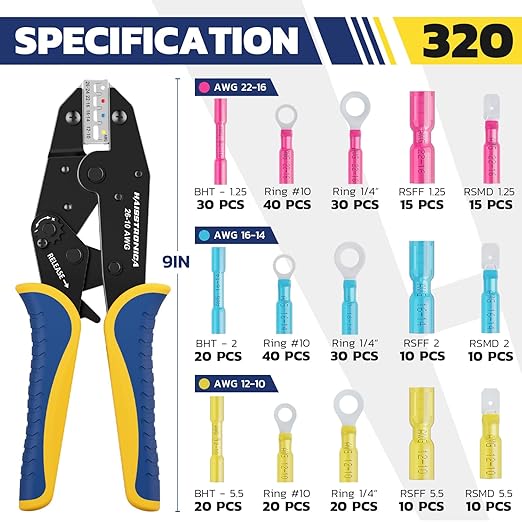 haisstronica 320PCS Heat Shrink Wire Connectors Set, 22-10AWG Marine Grade Heat Shrink Electrical Connectors with 9" Crimping Tool and Organizer (3Color/15Size)