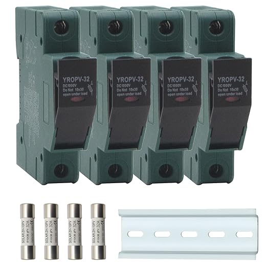 4 Pcs Solar Panel Fuse Holders, 4 Pcs 32 Amp DC1000V PV Fuses, Photovoltaic Fuse with Holder, 100 mm DIN Rail Mounting, for Solar PV System Protection