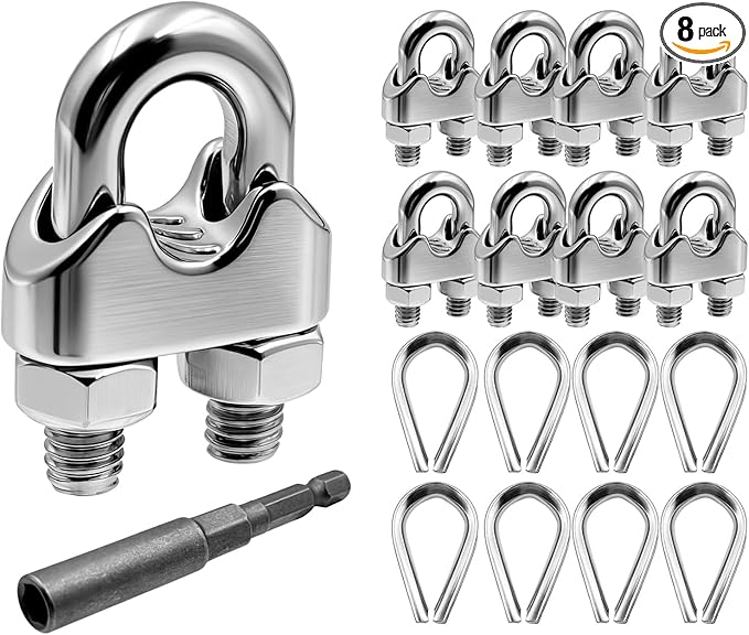 SSGP 8Pcs Stainless Steel Wire Rope Cable Clamp Clips - Heavy-Duty Clamps for Cable Securing 8Pcs 5/32”Wire Rope Thimble U Bolt Saddle Fastener (M4-5/32)