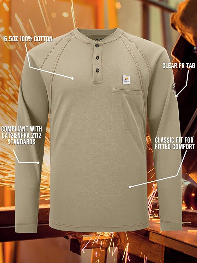 FR Shirts for Men Light Weight Flame Resistant Henley Shirts Long Sleeve Shirts HRC2/CAT2 6.5oz 100% Cotton