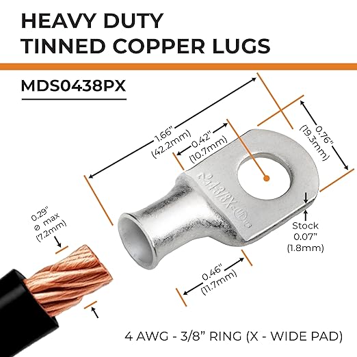 SELTERM 10pcs 4 AWG-3/8" Stud (X - Wide Pad) Tinned Copper Wire Lugs, Heavy Duty Battery Cable Ends,4 Guage Ring Terminals, UL Battery Lugs Marine Grade Copper Eyelets Battery Terminal Connectors