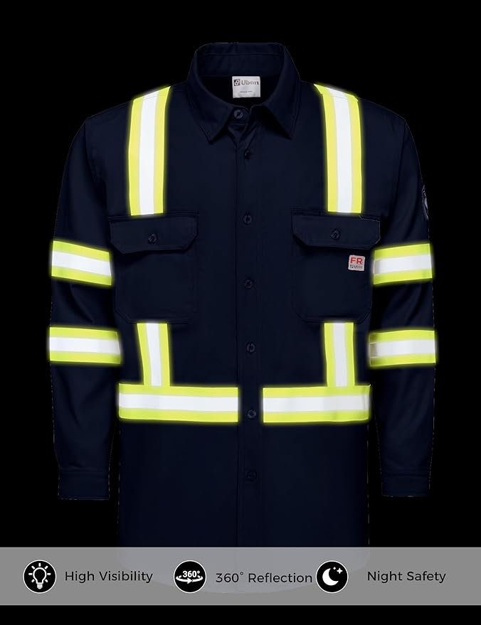 Ubon FR Shirts for Men High Visibility Welding Shirt 100% Cotton Button Down Long Sleeve Safety Workwear 6.5 oz