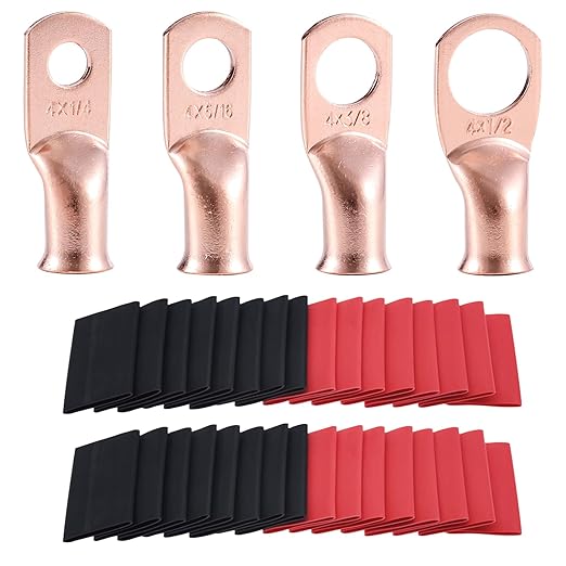 4 AWG Pure Copper Ring Terminal Kit (62 Pcs) - 30 Battery Lugs (1/4", 5/16", 3/8", 1/2") with 32 Heat Shrink Tubes for 4 Gauge Wire in Automotive, Solar, Inverter, Marine, RV Applications