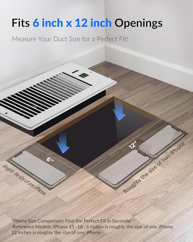 Super Quiet Register Booster Fan for 6" x 12" Register Holes, Smart Register Vent with Dual Intelligent Thermostat and WIFI App Control, Heating Cooling AC Vent Fan (White)