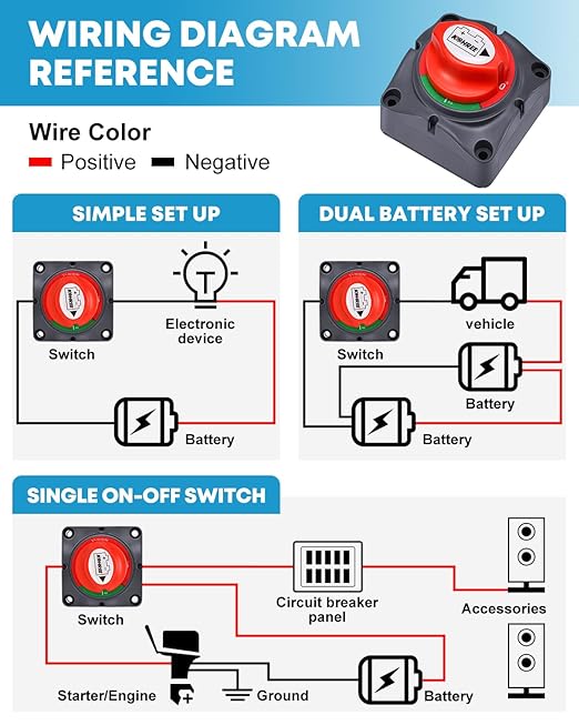 Kohree Battery Disconnect Switch 12V, 12V-48V Battery Shut Off Kill Isolator- Waterproof Marine Cut Off Switch for RV, ATV, Car, Marine, Boat, with 4 Mounting Bolts, 275 Amps, On/Off