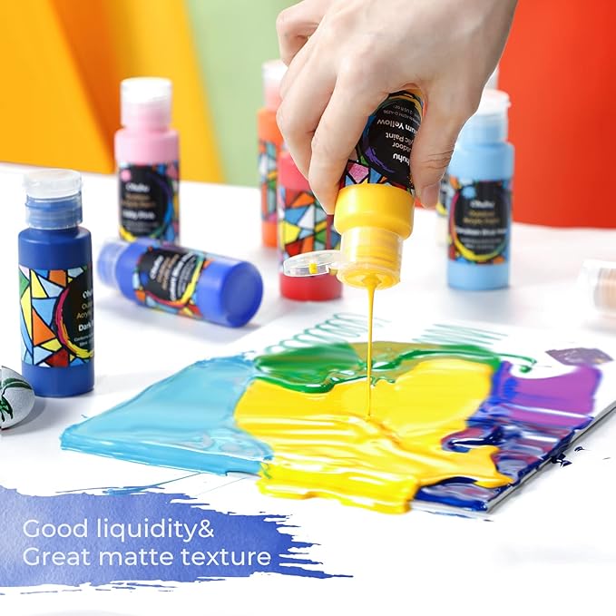 Ohuhu Outdoor Acrylic Paint for Metal, 24 Colors Paint Set, 2 oz./60ml Bottles for Artist, Beginners 18 Basic& 6 Metallic Acrylic Paints with 6 Brushes for Drawing, Waterproof Rich Pigments on Garden Statues, Woods, Rocks, Canvas, Glass, Fabrics, Last ...