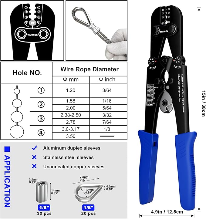 Wire Rope Crimping Tool Kit, Built-in Cutter Swaging Tool, Crimping Loop sleeve from 3/64-inch to 1/8-inch, for Aluminum Oval Sleeves, Double Sleeve