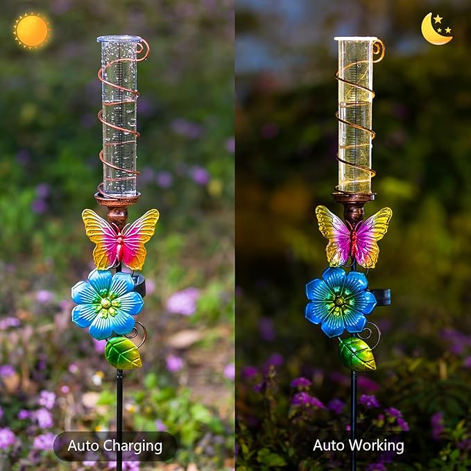Rain Gauge Outdoor, Solar Rain Gauges for Yard, Freeze Proof Rain Gauge with 7" Plastic Tube, Butterfly Metal Decorative Garden Stake with Led Light, Blue