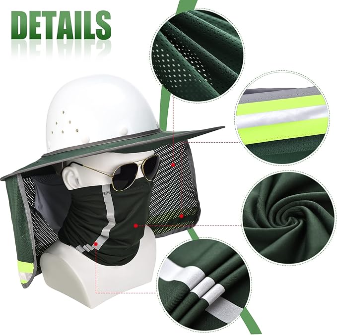SATINIOR 2 Pcs Sun Hard Hat Neck Protection High Visibility Full Brim Mesh Sun Protection and Neck Gaiter Bandana Face Scarf for Construction Helmet Hard Hat Accessories, Reflective(Army Green)