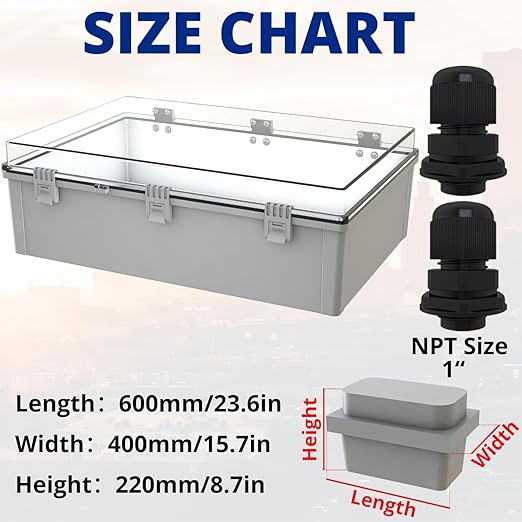 MAKERELE Extra Large Electrical Box Plastic IP67 Electronics Clear Waterproof Boxes for Outdoors Case with 2 NPT 1”Glands and Wall Bracket Hinged Cover Outdoor Enclosure Box(23.6"*15.7"*8.7")