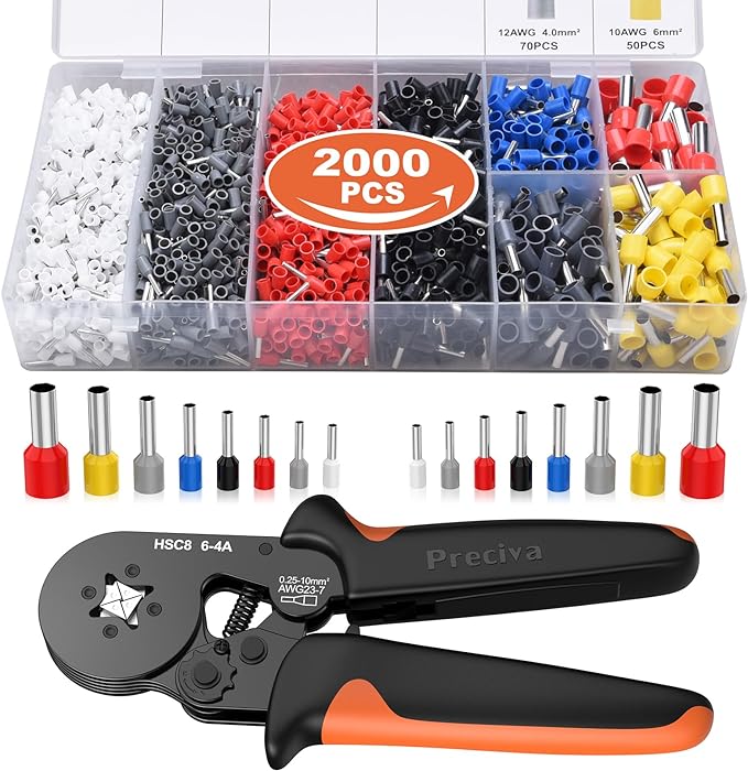Ferrule Crimping Tool Kit with 2000PCS Wire Connectors, Preciva AWG23-7 Self-adjustable Ratchet Wire Crimping Tool Kit Crimper Plier Set