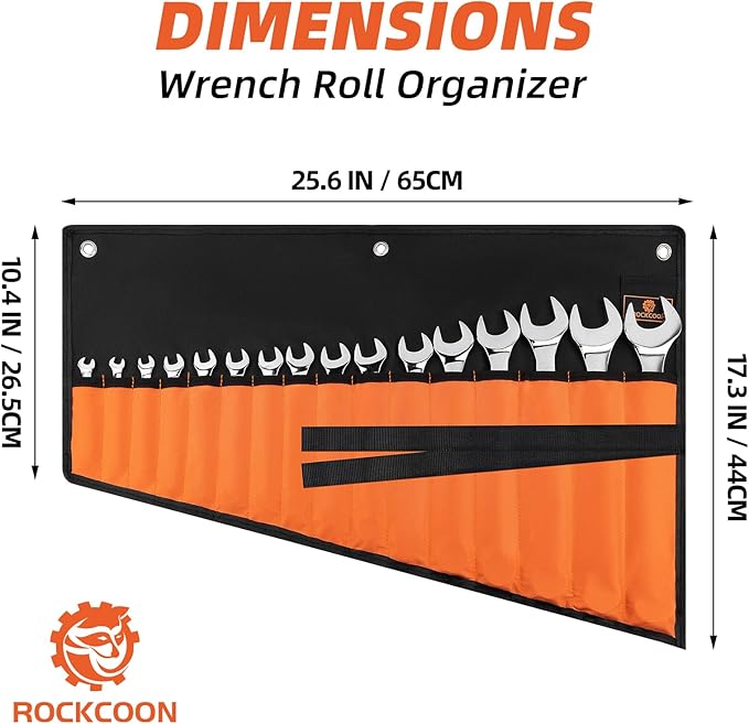 Wrench Roll Organizer 16 Pockets, Wrench Pouch Roll Up with Water Proof Oxford Cloth, Tool Roll Bag for Wrenches Organization, Black and Orange