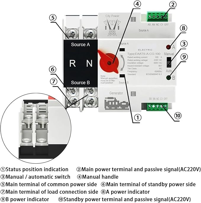 Dual Power Automatic Transfer Switch Single Phase Din Rail ATS PV 2P 4P 100A AC 110V 220V Dual Power Automatic Transfer Electrical Selector Switches Uninterrupted(City Grid-Generator,4P AC 220V)