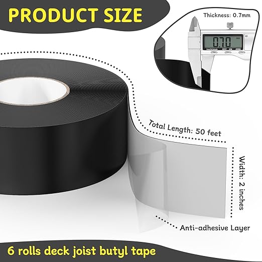 Joist Tape for Decking 2'' X 50', 6 Rolls Weather Resistance Butyl Tape, Waterproof and Anti-Corrosion, Self-Adhesive for Wood Joists Decks Beams Roof Extend Deck Life