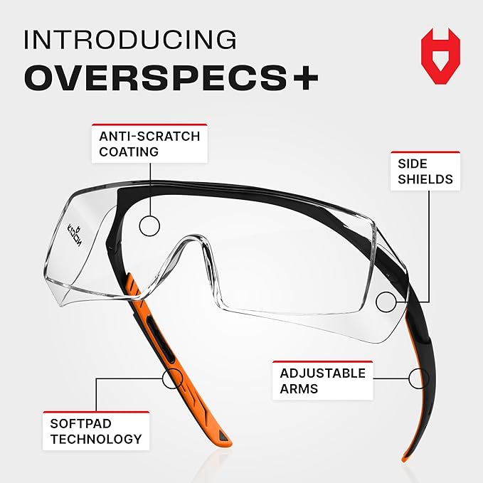 NoCry Safety Glasses Over Eyeglasses for Men and Women with Anti Scratch Lenses and Integrated Side Shields — Adjustable Temples with Anti-Slip Tips — 100% UV Protective Eyewear — ANSI Z87 Certified