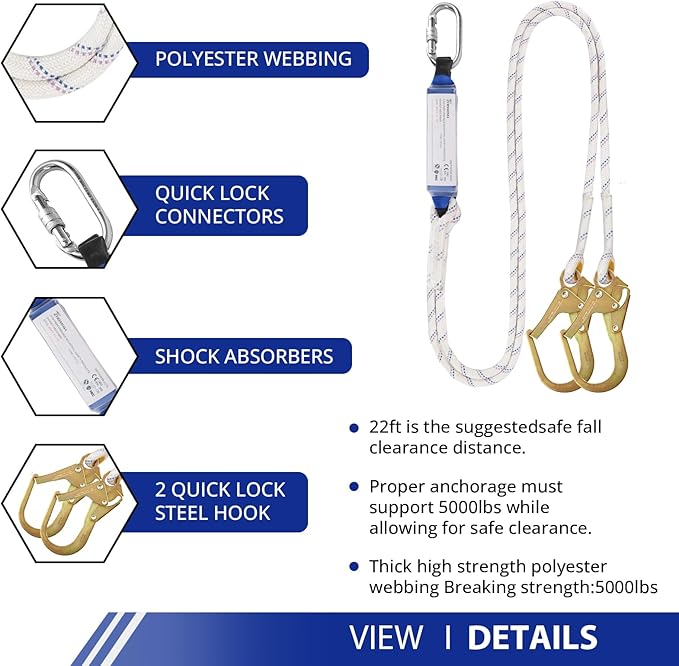 TRSMIMA Safety Harness Fall Protection - Roofing Harness Kit Men Full Body Construction Harness with Lanyard for Work Upgrade 4 Quick Buckles