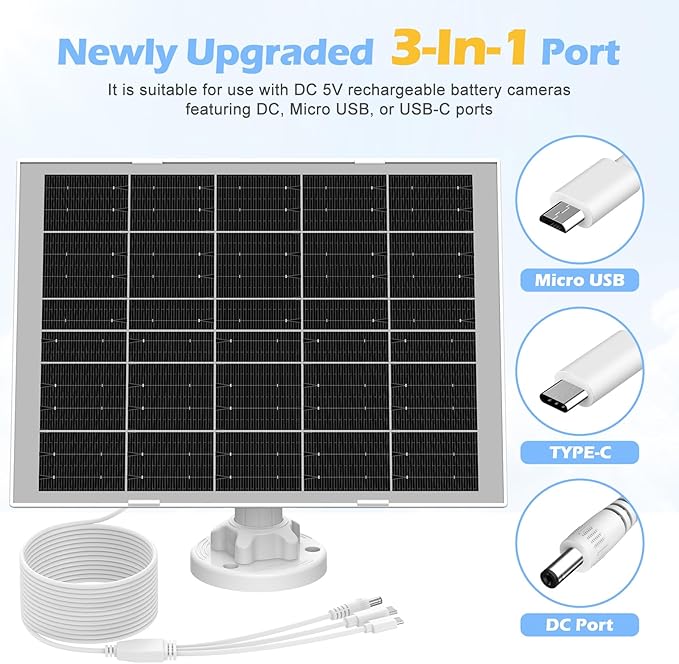 8W Solar Panel for Security Camera, Charger With Micro USB, USB-C & DC Port, IP65 Waterproof, 9.8Ft Charging Cable, Suitable for Rechargeable Battery Cameras