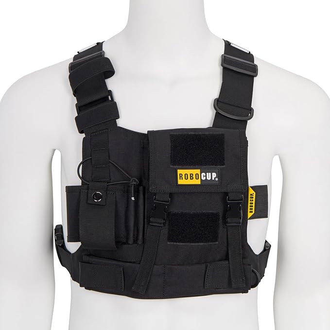 ROBOCUP Radio Chest Harness Vest - Adjustable Utility Organizer with Silent Buckle Closure - Full-Size Ham Radio Pouch, Secure Fit, Work Gear with D-Ring, Reflective Safety Stripes, Hook & Loop Patch