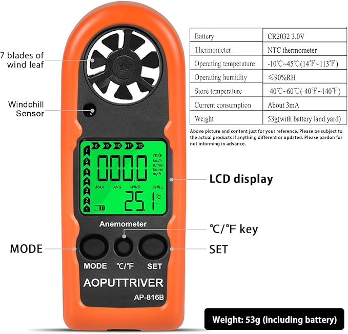 Digital Wind Speed Meter Air Flow Meter Measuring Wind Chill and Max/Average/Current/Temper Speed, Mini Anemometer for Sailing Fishing Hunting HVAC