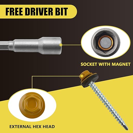 200pcs #10 x 2 Yellow Hex Head Self-Drilling Metal Roofing Screws, EPDM Washer, Colored Head, Wood Screws, Sheet Metal Roof Screw with Hex Driver Bit (Yellow, 2 in)