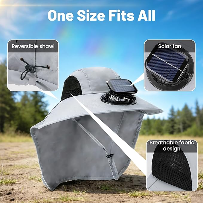 Solar Fan Hat Wide Brim Hat with Fan Sunscreene Neck Flap 3-Speed Outdoor Sun Hat for Fishing,Hiking,USB Solar Charging