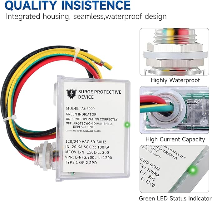 120/240 VAC Universal HVAC Surge Protective Device AG3000 TPMOV Technology, Watertight Enclosure, Comprehensive Surge Protection