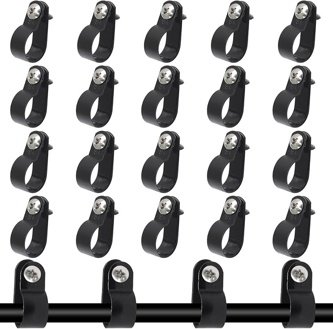 50 Pcs 5/8 Inch Black Nylon Screw Mounting R-type Cable Clip Wire Clamp, 16mm Cable Clip Wire Clamp for Wire Management, Stainless Steel Screws Included