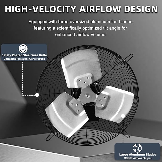 Criditpid 14 Inch Pure Copper Shutter Exhaust Fan, Black Through Wall Ventilation Exhaust Fan with ON/OFF Switch for Gable, Home, Shed, Garage, Basement, Kitchen, Attic Ventilation, 1088CFM, 1450RPM.