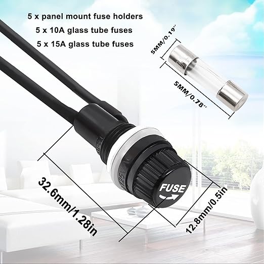 Tnisesm 5 Pcs Panel Mounted 5x20mm Screw Cap Fuse Holder with Pre-Soldered Wires AC 250V 10A/AC 125V 15A with 10 Pcs Glass Tube Fuse(10A+15A)