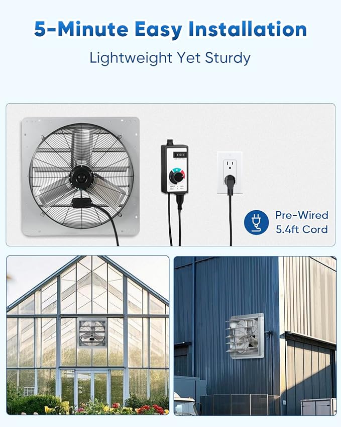 KEN BROWN 24 Inch Shutter Exhaust Fan with Speed Controller, 4200CFM High Speed, Wall Mounted Ventilation Fan for Garage, Attic, Greenhouse, Shed, Shop, Chicken Coop, Pre-Wired 1.65M Power Cord