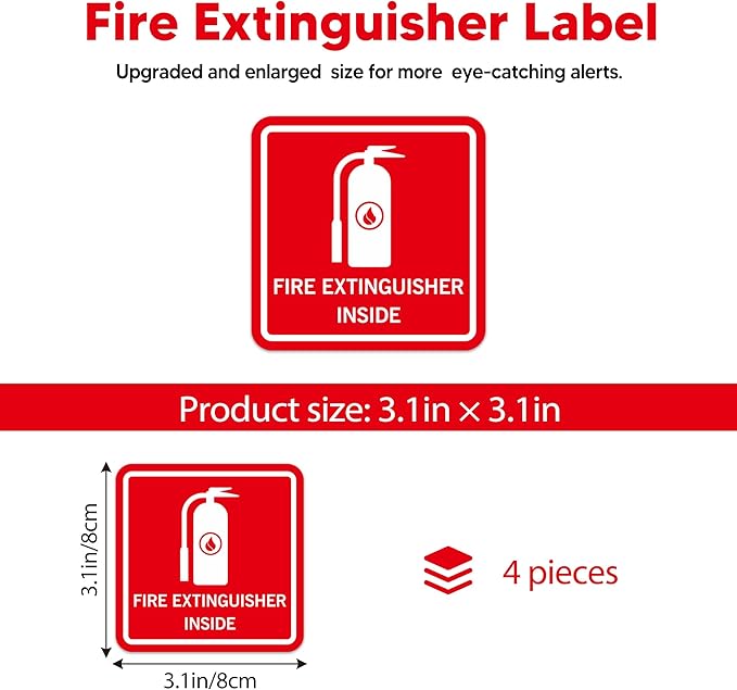 4PCS Fire Extinguisher Inside Stickers Sign, Self-Adhesive Weatherproof and Fade-Resistant Vinyl Fire Extinguisher Decals, Fire Extinguisher Sign for Home,Trucks, Cars, Trailers, Vehicles and Fire Extinguisher Boxes（3.1" x 3.1"）