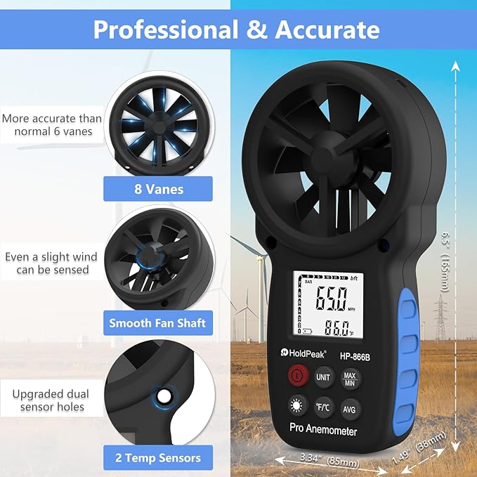 HoldPeak 866B Digital Anemometer Handheld Wind Speed Meter for Measuring Wind Speed, Temperature and Wind Chill with Backlight and Max/Min