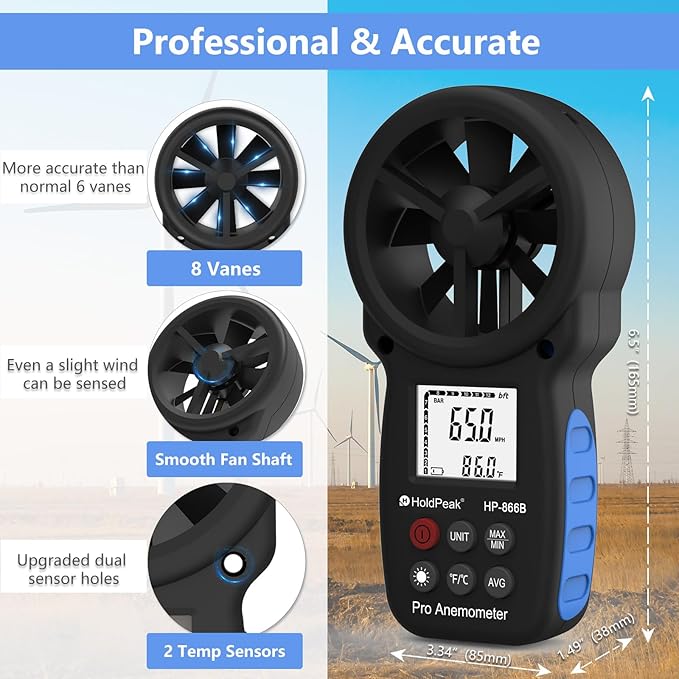 [2 PCS] HoldPeak 866B Handheld Anemometer, Digital Wind Speed Gauge Meter, Air Flow Velocity Temperature CFM Measuring Device for HVAC Outdoor Sailing Shooting Golf