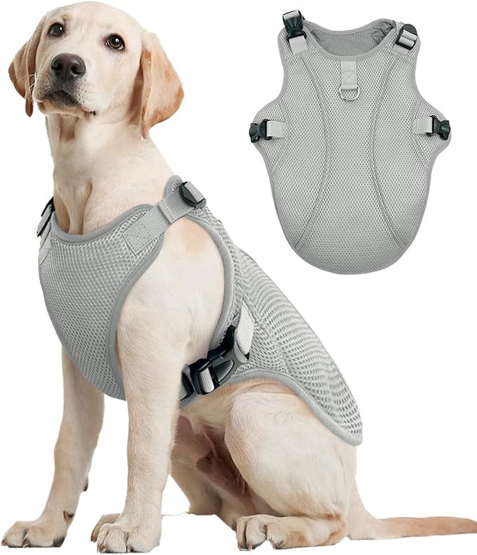 Kuoser Dog Cooling Vest for Large Dogs, Lightweight Dog Cooler Jacket Breathable Mesh Dog Cooling Shirts Reflective Dog Cooling Harness for Beach, Hiking, Walking Grey XXL