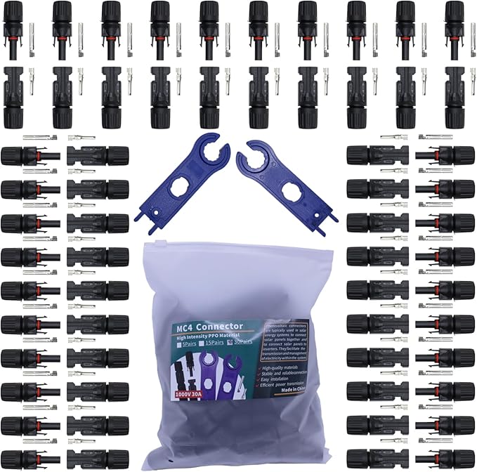 Solar Connectors, Equipped with 1 Pair of Spanners, Designed for Outdoors, Solar Projects Featuring, 30 Pairs of Male/Female Connectors, Waterproof PV Connectors and Solar Power Connectors