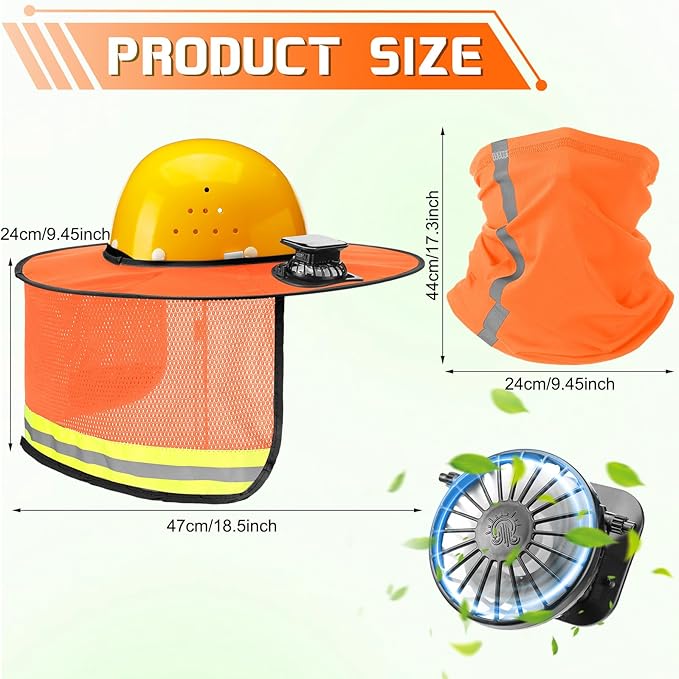 1 Set Sun Hard Hat Shade Full Brim Hard Hat Sun Visor with Solar Fan and Neck Sunshade Cover High Visibility Full Brim Mesh with Reflective Strip Summer Protect Accessory(Orange)
