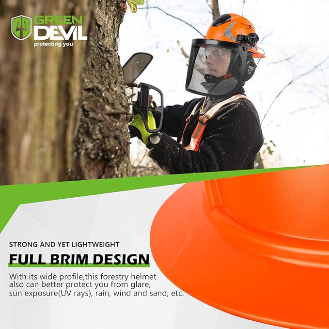 GREEN DEVIL Industrial Chainsaw Helmet with Face Shield Built in Visor and Ear Muffs 4 in 1 System ANSI Z89.1 Safety Hard Hat Adjustable Headgear Ideal for Forestry and Arborist Work Full Brim Style