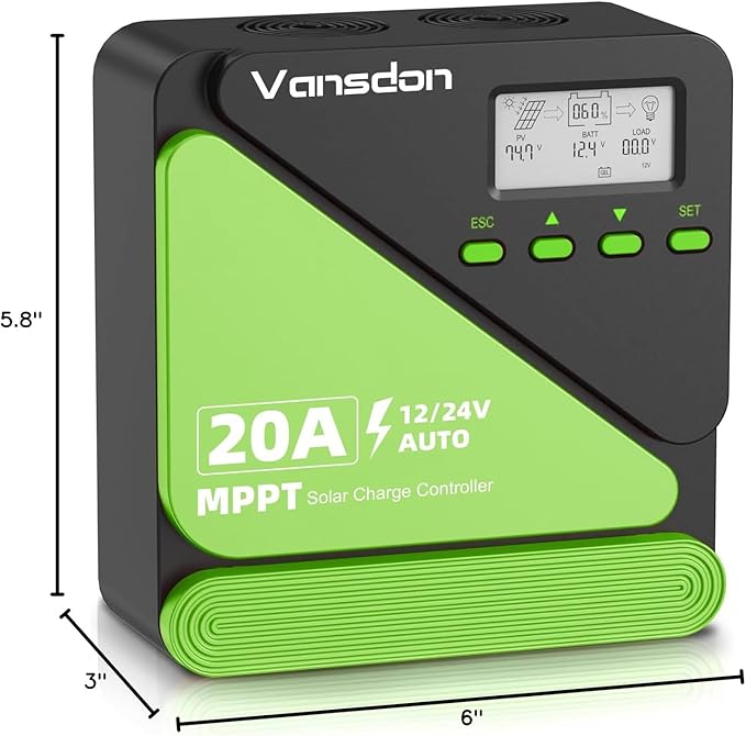 20A Solar Charge Controller 12V/24V MPPT Solar Charge Controller, Adjustable LCD with Timer, Dual USB Ports, for RV, Boat, Cabin, Off-Grid Systems, Compatible with FLD/LiFePO4/SLD/GEL/AGM