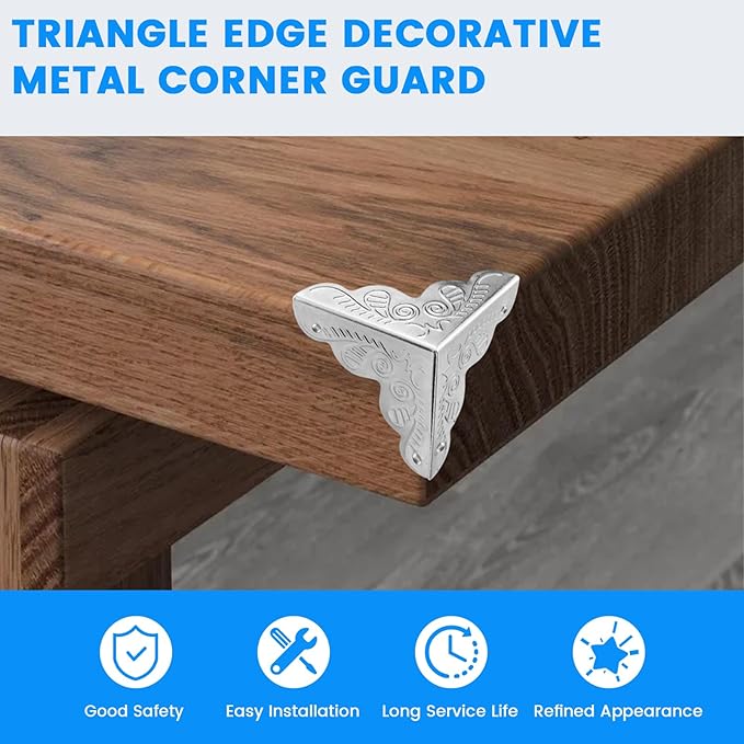 SDTC Tech 12 Pack Furniture Corner Protector 1" x 1" Antique Silver Triangle Edge Decorative Metal Corner Guard for Storage Box Jewelry Case Cabinet Coffee Table Wooden Chest etc.