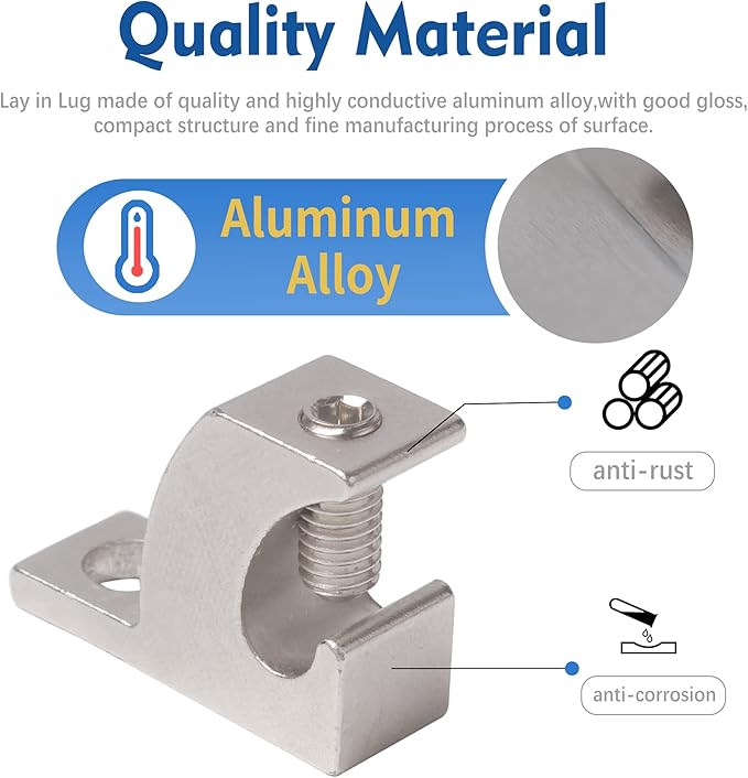 6Pcs Grounding Lug Aluminum Lay in Connector Grounding Posts Ground Wire Clamp AWG Screw Terminal for PV Solar Panel Ground Loop Ground Pool Bonding Ground Conduits Grounding Support 4-14 Wire Range