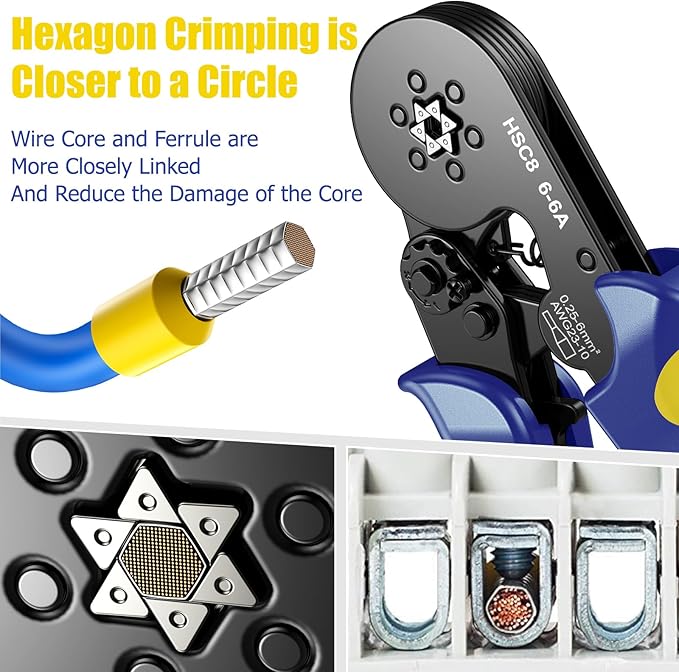 Preciva Ferrule Crimping Tool Kit with 1900PCS Wire Connectors, Hexagonal AWG23-10 Sawtooth Self-Adjustable Ratchet Wire Terminals Crimper Kit