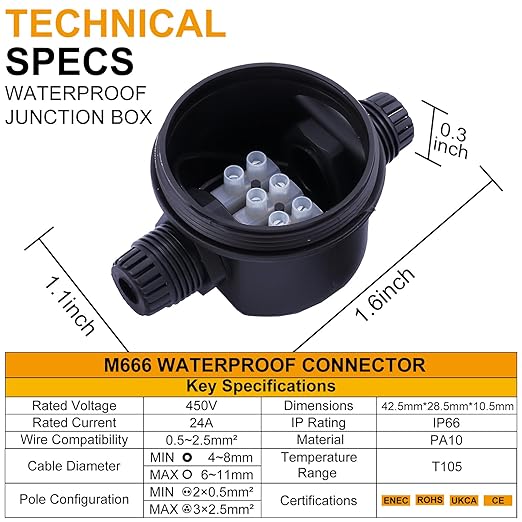 IP66 Round Waterproof Junction Box, 2Way 3Pin(24A 450VAC) Underground/Outdoor Wiring Installation,Suitable for Outdoor Billboards,Tunnel,Road Landscape Lights,EtcØ4-12mm2Pack