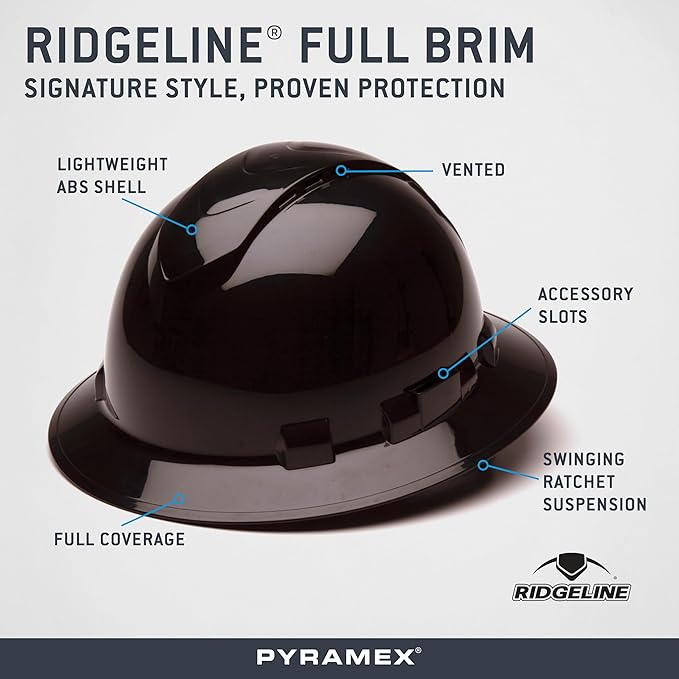 Pyramex Ridgeline Full Brim Vented Hard Hat 4 Point Ratchet Suspension