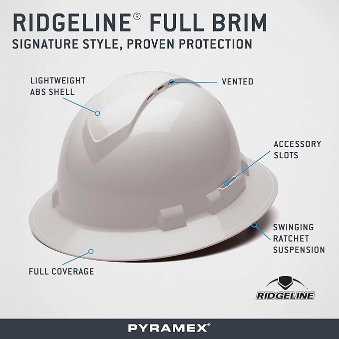 Pyramex Ridgeline Full Brim Vented Hard Hat 4 Point Ratchet Suspension