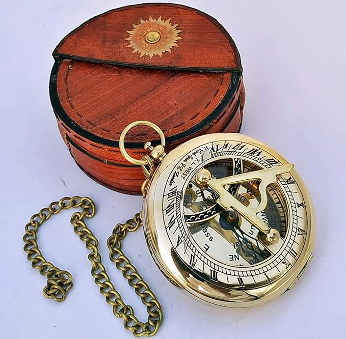 Antique Brass & Copper Sundial Compass – A Unique Gift of Elegance with Sundial Clock, Ship Replica Watch, and Presentation Box