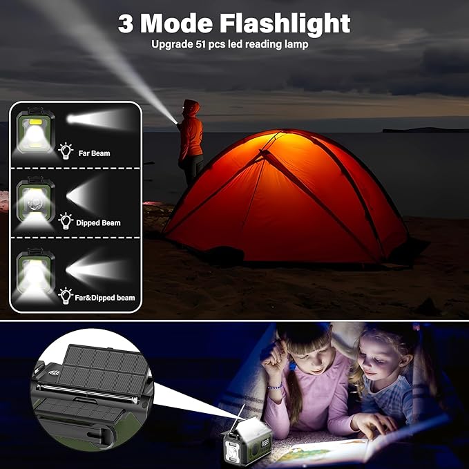 12000mAh Emergency Weather Radio, Hand Crank Solar Radio Portable AM/FM/NOAA Radio with 2 Solar Panels 3 Charging Methods SOS Alarm 3 Mode Flashlight Phone Charger Compass Reading Lamp
