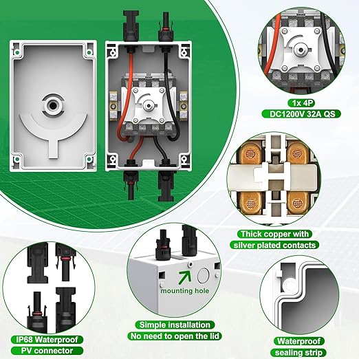 CNLONQ Solar PV Disconnect Switch 32 Amp DC1500V Rapid Shutoff Isolator Switch 1in 1out with Plug & Play Connector and IP66 Waterproof for Rooftop Solar Home Systems, RVs and Boats
