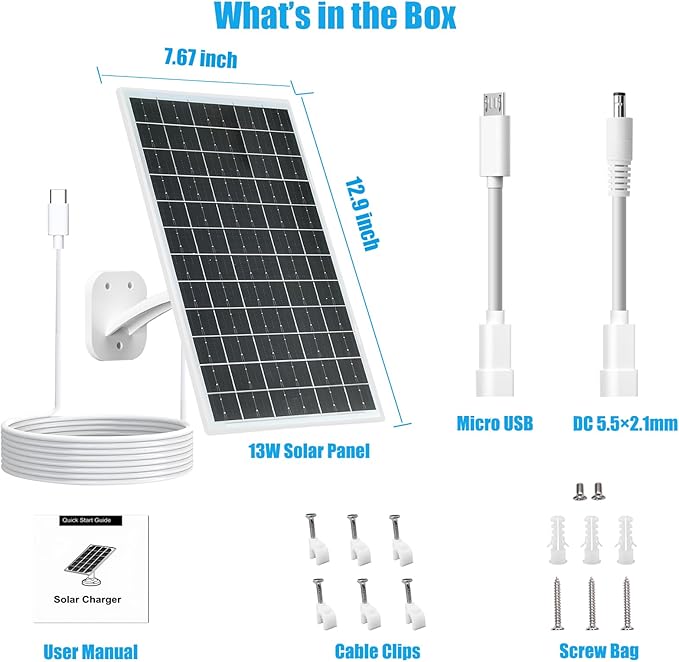 13W Solar Panel for Outdoor Security Cameras, USB-C, Micro USB & 5.5x2.1mm DC Output, 360° Mount, IP66 Waterproof, 7.2FT Cable, Compatible with 5V Battery Powered Cameras