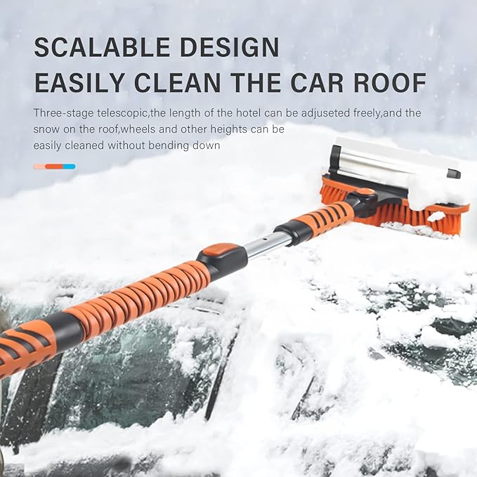 34'' to 41'' Extendable Snow Brush, Ice Scraper for Car Windshield, Emergency Snow Shovel Snow Broom with Foam Grip 180° Pivoting Brush Head, Telescoping Snow Scraper for Car SUV Truck, Orange